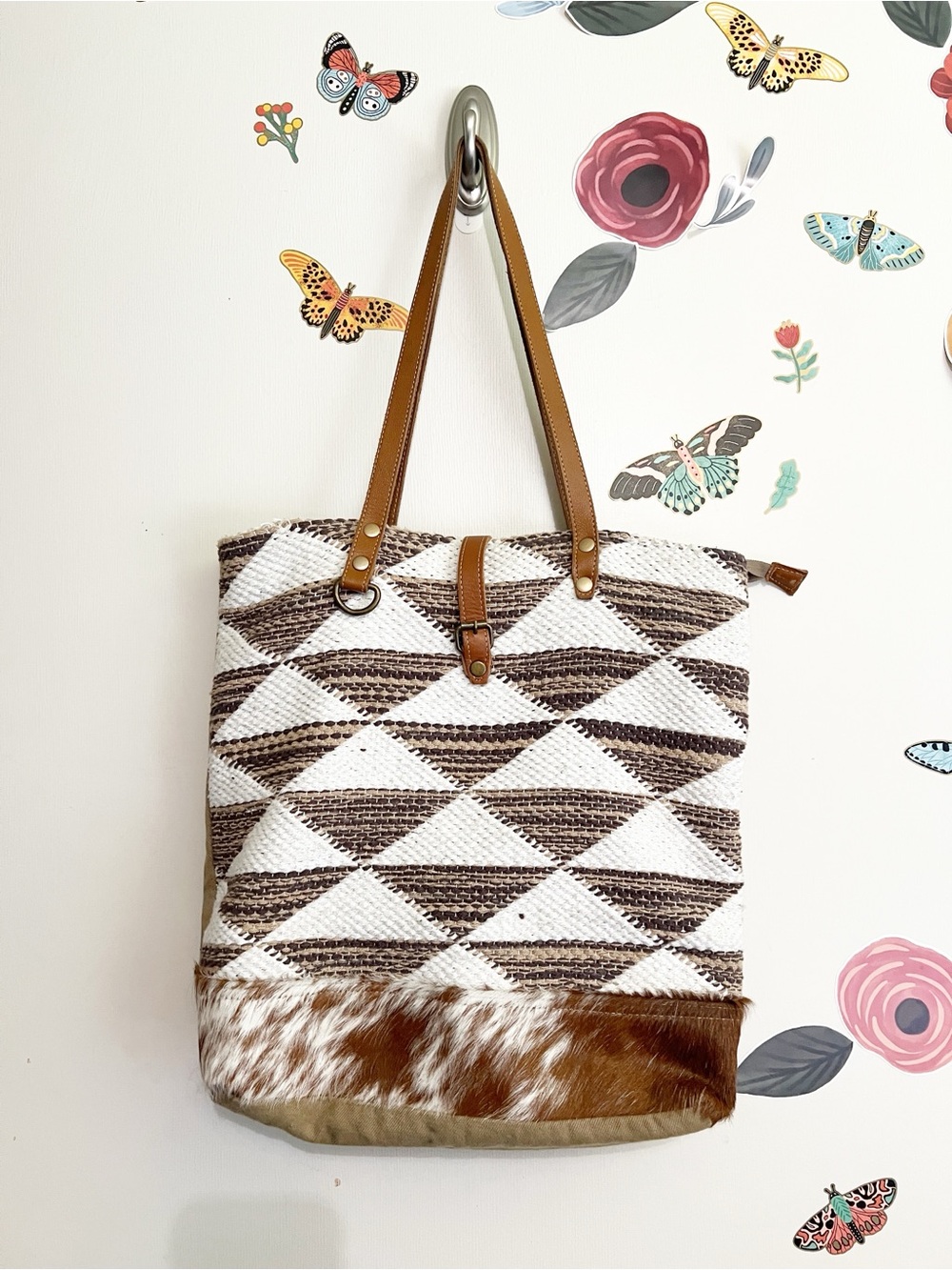 Myra Bag Brown and White Geometric Tote with Haircalf Accent